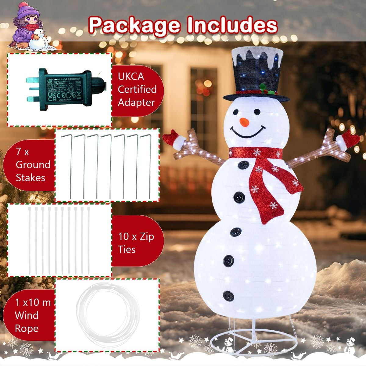 6ft Pre-Lit Snowman – 180 LED Outdoor Christmas Decoration | Pop-Up Design with Stakes & Rope