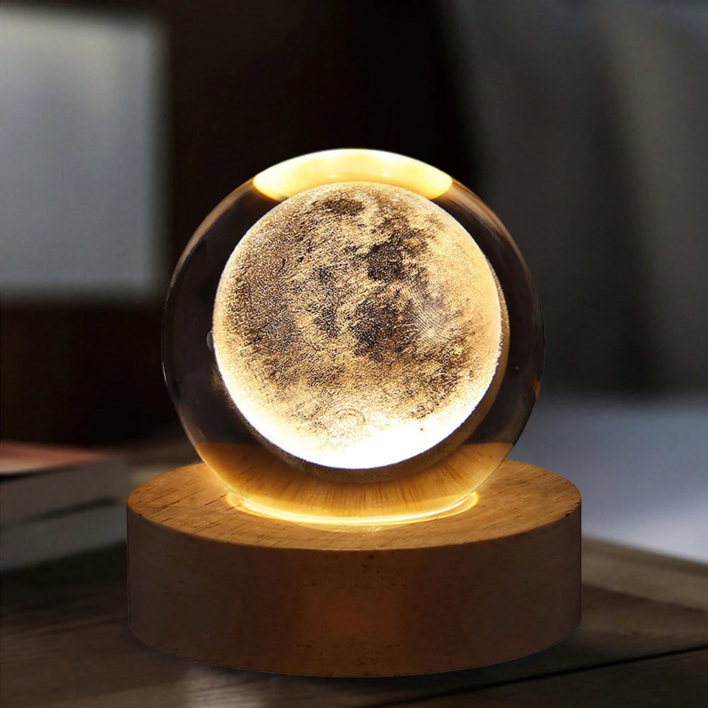 Crystal Ball Night Light – 3D Laser Engraved Galaxy Lamp with Wooden Base | USB Powered Gift