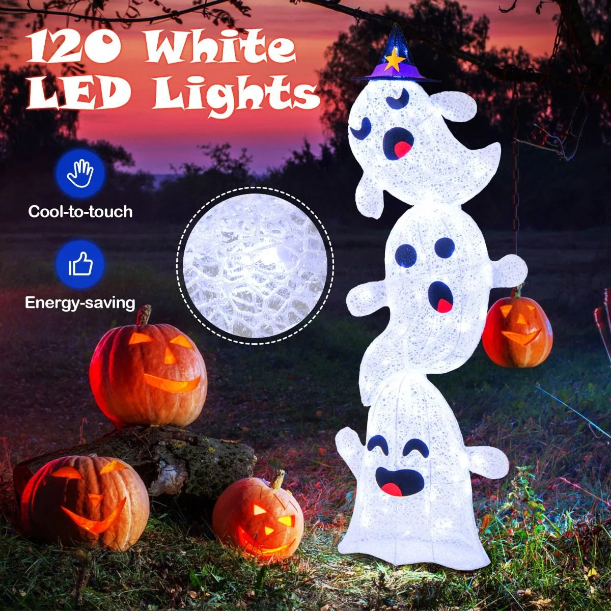 4 FT Stacked Ghosts with 120 LED Lights and 4 Ground Stakes