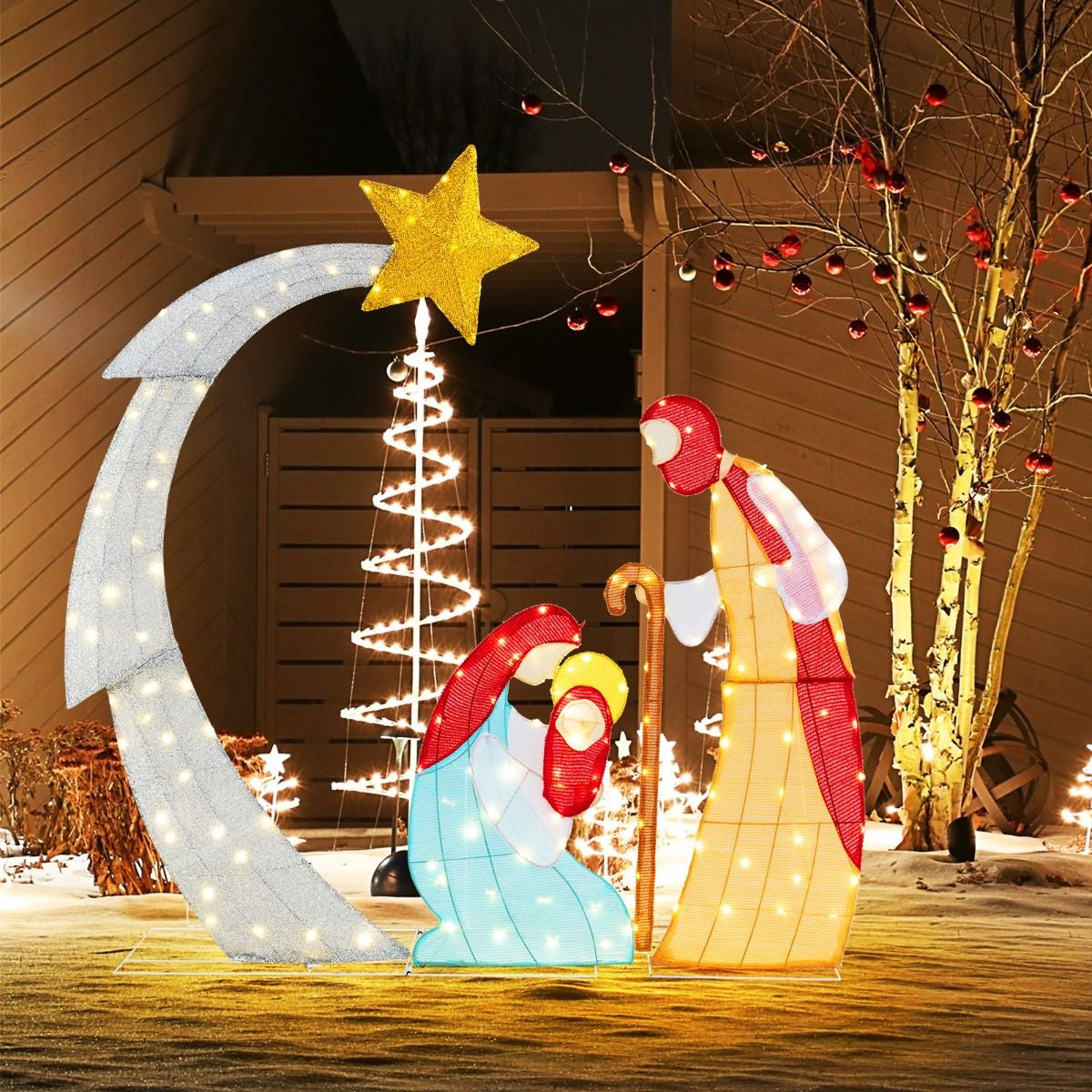Lighted Christmas Nativity Scene – 140 LED Outdoor Display | Holy Family with Star of Bethlehem