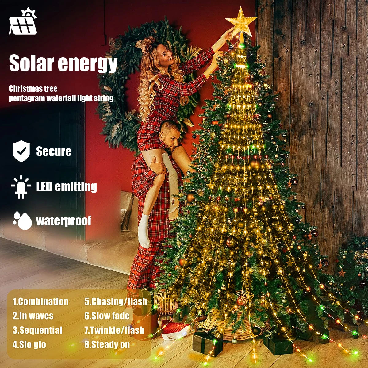 Christmas Tree Star Light with Waterfall LED Strings – USB Powered | 8 Modes, Waterproof Indoor & Outdoor Decoration