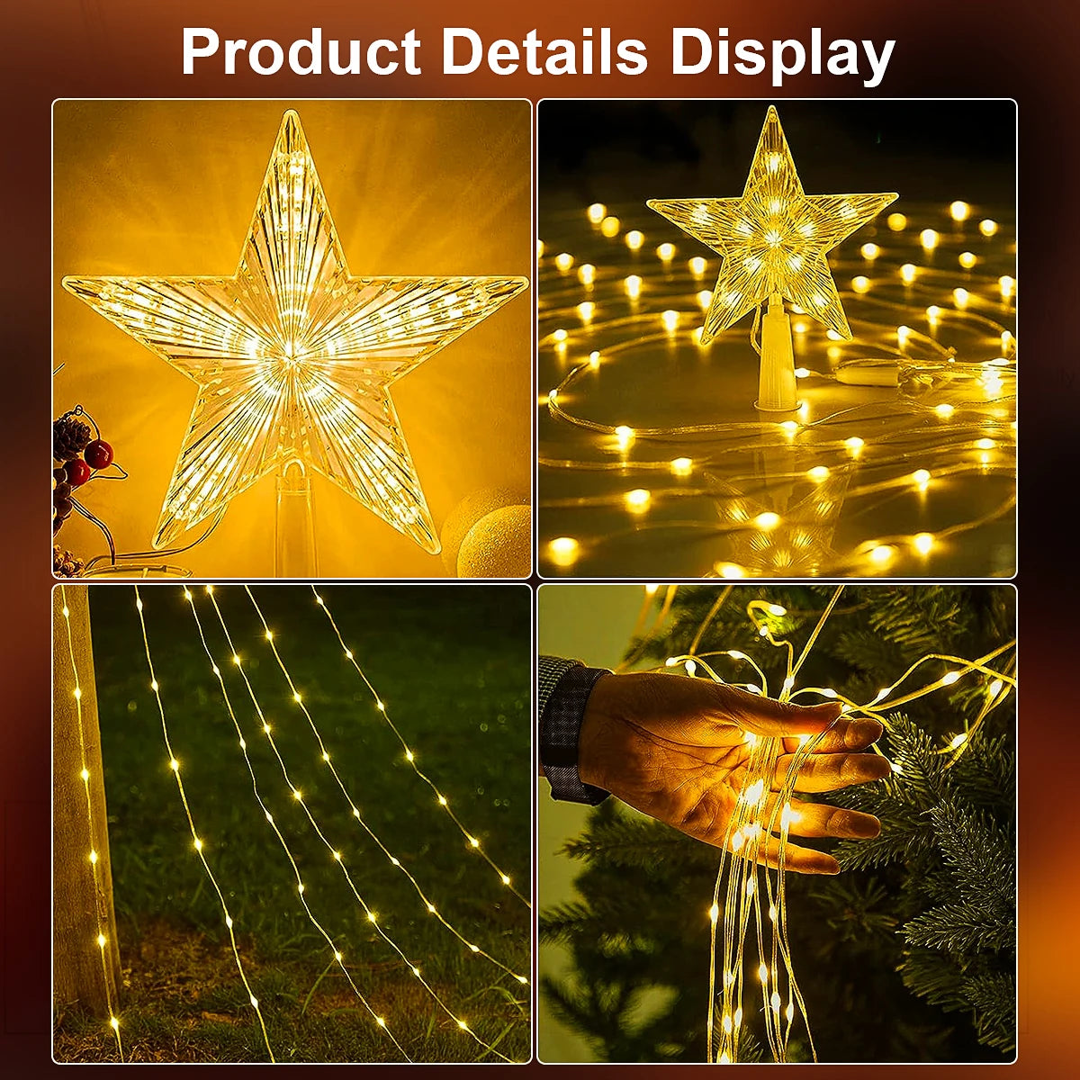 Christmas Tree Star Light with Waterfall LED Strings – USB Powered | 8 Modes, Waterproof Indoor & Outdoor Decoration
