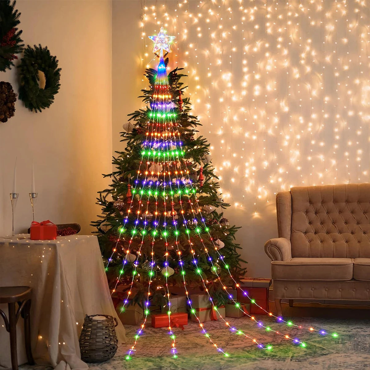 Christmas Tree Star Light with Waterfall LED Strings – USB Powered | 8 Modes, Waterproof Indoor & Outdoor Decoration