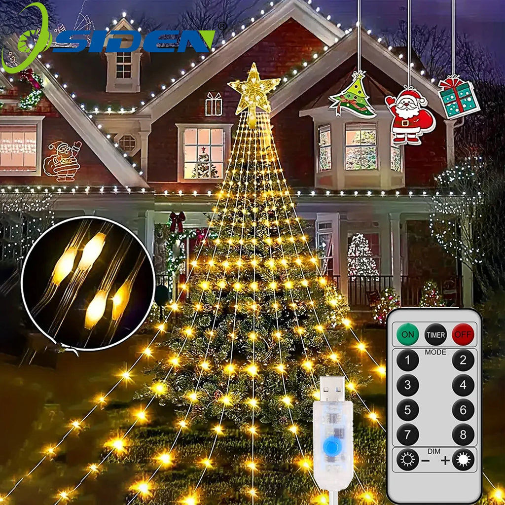 Christmas Tree Star Light with Waterfall LED Strings – USB Powered | 8 Modes, Waterproof Indoor & Outdoor Decoration